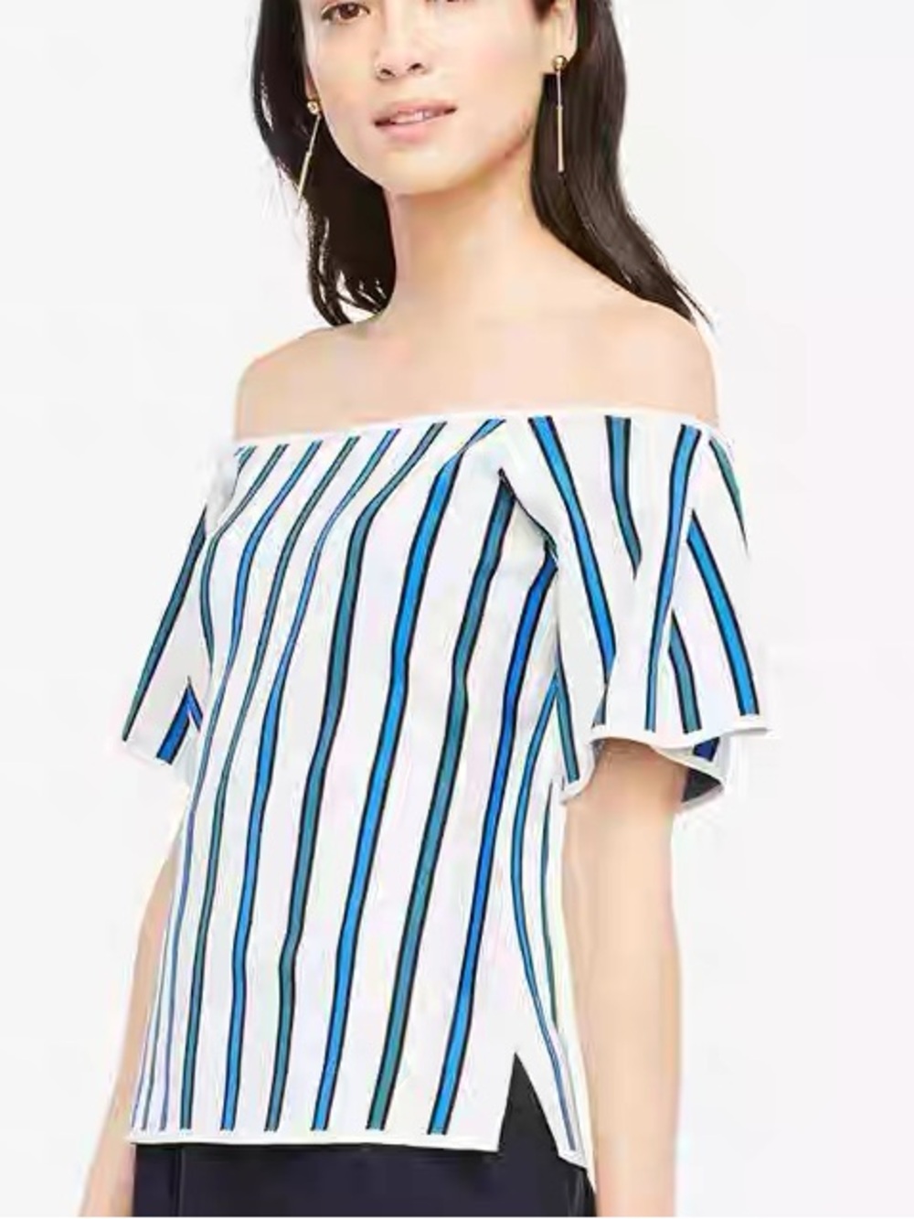 Ann Taylor Off Shoulder Short Sleeve Striped Top White Blue XS Small